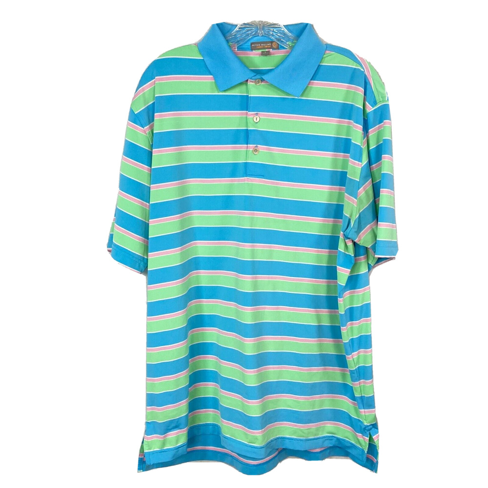 Peter Millar Shirt Mens Sz L Blue Green Striped Summer Comfort E4 Polo Stretch